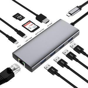 JGD-Hub USB C - Adaptateur USB C 10 en 1 - Station d'accueil avec HDMI 4K, VGA, USB 3.0, Port USB-C, 100 W PD, Lecteur de Carte SD/TF, Compatible avec MacBook Pro/Air et Autres Types d'appareils C - Neuf