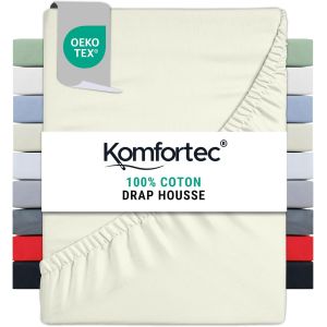 Kalanka-Drap Housse Lit 90x200 Cm - Jersey 100% Coton 135g/M² - Certifié Oeko-Tex - Bonnet 30 Cm - Drap Lit Avec Élastique Pour Matelas Épais - Écru - Neuf