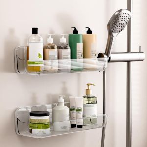 Lot de 2 &Eacute;tag&egrave;re Salle de Bain, Acrylique &Eacute;tag&egrave;re Douche Sans Per&ccedil;age, Porte Shampoing Gel Douche, Paniers Rangement Mural pour Salle de Bain Cuisine, Transparent-Long Panier - Neuf