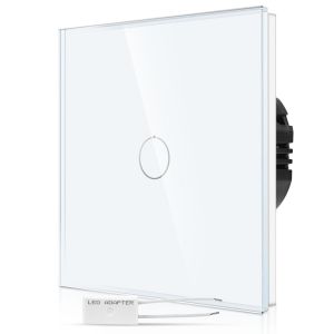 Variateur tactile encastré en blanc-Interrupteur simple avec LED d'état et panneau en verre-Interrupteur mural à 1 compartiment pour lampes LED-Interrupteur tactile avec adaptateur - Neuf