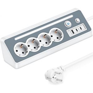 Multiprise avec USB et 2 Type-C, Prise d'angle &agrave; 4 Prises avec lumi&egrave;re LED, Protection Contre Les Surtensions 3680W 16A, Multiprise rallonge avec Interrupteur et c&acirc;ble 1.5M pour Cuisine Bureau - Neuf