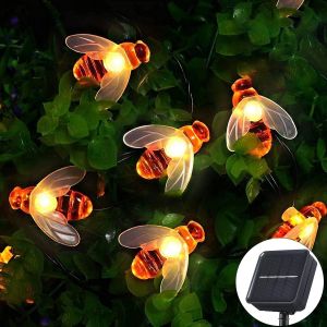 Kal-Guirlande Lumineuse Extérieure Solaire, 20 Led 4.8m Guirlande Lampe Abeilles Solaire, 8 Modes Ip65 Étanche Eclairage D'ambiance Décoration Pour Jardin,Terrasse Intérieure, Arbre, Noël, Fête - Neuf