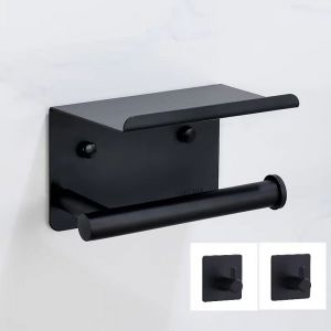 Porte-papier toilette avec tablette pour téléphone et 2 crochets porte-serviettes, support mural en acier inoxydable (noir), adhésif double face sans perçage ni fixation murale avec vis (A) - Neuf