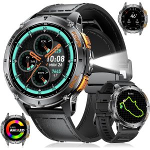 Montre Connectée Homme GPS, 180 Modes Sportifs, AMOLED 1,43"" Montre Militaire avec Lampe Torche et Boussole Altimètre, 10ATM, Batterie 530mAh, Appels Bluetooth et Suivi Santé pour Android iOS - Neuf