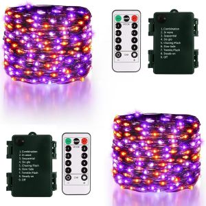 JGD-Lot de 2 guirlandes lumineuses d'Halloween &agrave; piles, 10 m, 100 DEL, violettes et oranges, lumi&egrave;res d&eacute;coratives d'Halloween avec t&eacute;l&eacute;commande, 8 modes, &eacute;tanche, fil noir pour chambre &agrave; coucher - Neuf