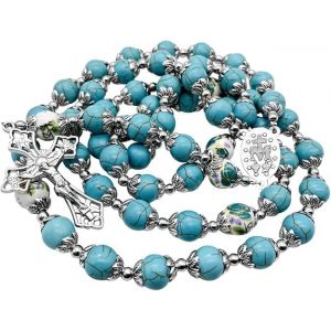 Store Catholique Turquoise Marbre Perles Chapelet Fleurs Collier De Perles M&eacute;daille Miraculeuse Croix Crucifix Ton Argent Chapelets Dans Un Sac En Velours - Neuf