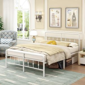 SUBZONAL-Lit Double 140 x 190 avec sommier Hauteur de 36cm, Cadre de Lit avec T&ecirc;te de lit Victorienne, Support en Lattes d&iquest;Acier Robuste, Montage Facile, Design Silencieux, Blanc en M&eacute;tal - Neuf
