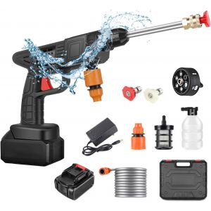 MEVRONISSHOP-Nettoyeur Haute Pression sans Fil Max 90 Bar avec Buse Multi-pulv&eacute;risation 6 en 1, Tuyau de 5M, Lance D'extension, Outil de Nettoyage de Voiture en Plein Air pour Animaux de Compagnie et - Neuf