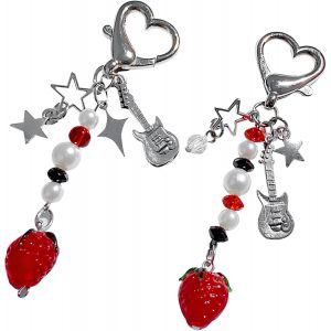 KAL-Lot De 2 Y2K Porte-Clés Esthétique Porte-Clés Avec Perles Fraise Guitare Etoile, Porte-Clés Mignon Pour Femmes Et Filles Pour Voiture, Sac À Main - Neuf