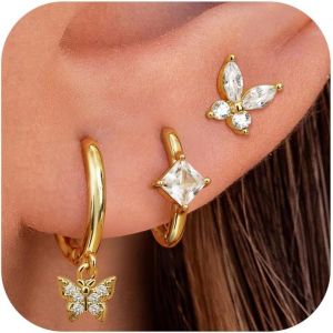 Kal-Paires Boucles D'oreilles Femme Argent 925 Plaqu&eacute;es Or 14k Cr&eacute;oles Boucles D'oreilles Zircon Papillon Piercing Oreille Cartilage Boucles D'oreilles Femme Or Pour Piercings Multiples - Neuf