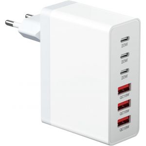 JGD-Chargeur USB C 20W, GaN 6 Ports 20W avec 3 Ports USB-c et 3 chargeurs USBA Prise USBC Compatible avec iPhone 11/12/13/14/15/16 Pro Max/Galaxy S24/S23/S22/S21/Google/Tablette - Neuf