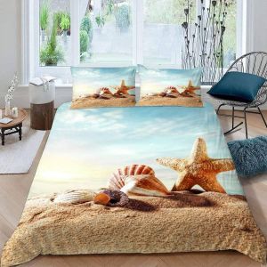 Housse De Couette &iquest;&iquest;Toile De Mer Coquillage X Imprim&iquest;&iquest; D Plage D'&iquest;&iquest;T&iquest;&iquest; Parure De Lit Personnes Hypoallergique Microfibre Literie Pi&iquest;&iquest;Ces Avec Ferm - Neuf
