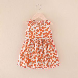 Robe Sans Manches A Col Ras Du Cou Pour Fille, Imprime Floral, Respirant, Tendance, Mignonne, Pour L'ete, Motif Floral Orange, 90 Cm - Neuf