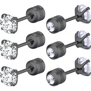 Kal-3-5 Paires Boucles D'oreilles Argent Noires Or,Hypoallergénique Boucles D'oreilles Femme Homme,Boucle D'oreille Acier Inoxydable,Boucles D'oreilles En Zirconium - Neuf
