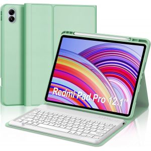 Coque Clavier pour Redmi Pad Pro/Xiaomi Poco Pad 12.1 Pouces, AZERTY Fran&ccedil;ais Housse Clavier Bluetooth Magn&eacute;tique D&eacute;tachable avec Porte Crayon pour Redmi Pad Pro/Xiaomi Poco Pad 12.1"" 2024, Vert Clair - Neuf