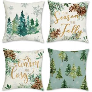 Trahoo-Housse De Coussin No&euml;l Hiver Pin Arbre 45 X 45 Cm Polyester Lin Flocon De Neige D&eacute;coratif Taie D'oreiller Pour Canap&eacute; Salon Chambre Chaise Jardin Maison D&eacute;coration 4 Pi&egrave;ces - Neuf
