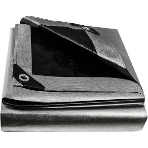 CFUS-Bâche de protection en tissu 180 g/m² - 2 m x 4 m - Imperméable - Avec ?illets - Pour meubles de jardin, piscine, trampoline, toit, indéchirable - Résistante à la moisissure - Gris/noir - Neuf