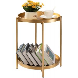 Ulteronixshop-Table d'appoint &agrave; 2 niveaux, table d'appoint ronde en m&eacute;tal avec plateau amovible, petite table d'appoint pliante, anti-rouille pour chambre &agrave; coucher, balcon, terrasse, salon (dor&eacute;) - Neuf