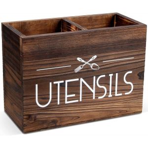 Chenquansarl-Porte Ustensiles Cuisine En Bois, Rangement Ustensiles Cuisine Pour Comptoir, Porte Couverts Pour Décor De Cuisine De Ferme, Range Ustensiles De Ferme Avec 2 Compartiments (Brun) - Neuf