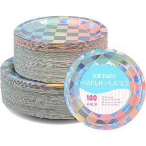 Checarzhn--No1-Lot De 100 Pièces De Vaisselle Iridescente Pour Fête, Comprenant 50 Assiettes De 18 Cm Et 50 Assiettes De 23 Cm Assiettes Jetables À Carreaux Iridescents Pour Décoration D'anniversaire - Neuf