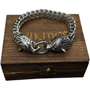 Mythologie Nordique Bracelet 3d En Argent Tête De Loup, Bracelet Crâne D'homme Acier Inoxydable Viking Odin Loup Fenrir Amulette Vintage Cadeaux Bijoux Avec Boîte En Bois - Neuf