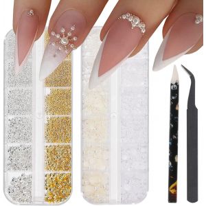 KAL-Perles D'Art D'Ongle Pour Décorations D'Ongles Perles À Dos Plat Gemmes Or Argent Perles Blanches Breloques D'Ongles Demi-Rondes Accessoires D'Art D'Ongle Décoration D'Ongles Mixtes - Neuf