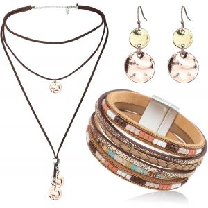 Boh&egrave;me Bijoux Pour Femme, Boho Bracelet En Cuir Multicouche, Vintage Pendentif Collier En Cuir Multicouches, Boucles D'oreilles Pendantes &Agrave; Disque, Ensemble De Bijoux Occidentaux - Neuf