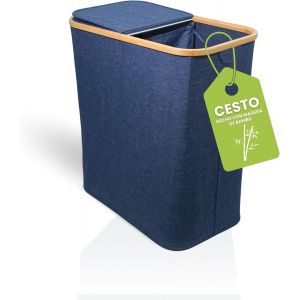 MEVRONISSHOP-Panier &agrave; linge avec double couvercle, syst&egrave;me de s&eacute;paration double, 100 L, tissu et bambou, pliable, facile &agrave; transporter, Bleu - Neuf