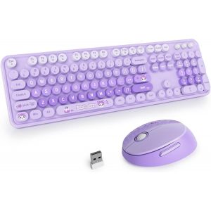 Ensemble Clavier Et Souris Sans Fil,104 Touches Clavier De Machine &Agrave; &Eacute;crire R&eacute;tro,2.4Ghz Clavier De Machine &Agrave; &Eacute;crire &Agrave; Touches Rondes Avec Pav&eacute; Num&eacute;rique(Am&eacute;ricain Qwerty)(Diary Purple) - Neuf