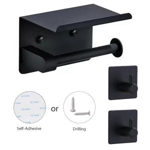 Porte-papier toilette avec tablette pour téléphone et 2 crochets pour peignoirs, support mural en acier inoxydable (noir), adhésif double face sans perçage ni vis. - Neuf
