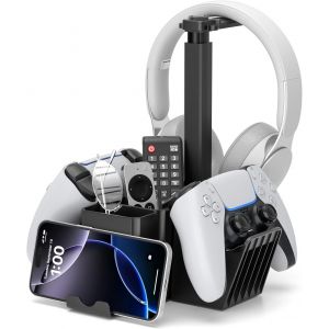 ChicSlick-Support Manette Double Avec Support Téléphone, Support Casque Gamer Universel Avec Boîte De Rangement, Porte Manette Ps5 Multifonctionnelle, Organisateur De Bureau Pour Ps4 Xbox One Noi[X1135] - Neuf