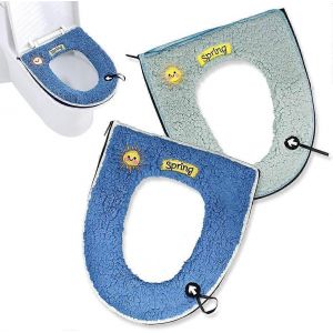 2PCS Coussin de couverture de si&egrave;ge de toilette en peluche chaude avec poign&eacute;e et fermeture &eacute;clair lavable et r&eacute;utilisable (bleu + vert) - Neuf