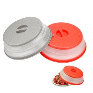 Couvercle Pour Micro-Ondes, 2 Pièces, Couvercle Pour Micro-Ondes Avec 2 Crochets, Passoire Ondulée Avec Trous De Vapeur Pour Fruits Et Légumes, Sans Bavure Et Non Toxique (Gris + Rouge) - Neuf