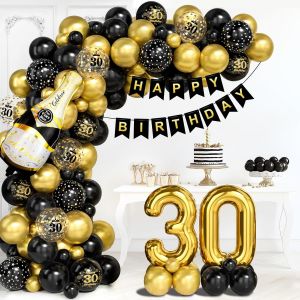 Décorations 30e Anniversaire,Kit Arche Ballons Noir Doré,Foil Numéro 30,Imprimés,Bannière Joyeux Anniversaire pour Homme Femme,Fête Noir Or 30 Ans - Neuf