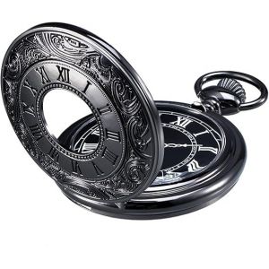 Montre De Poche À Quartz Vintage Noire Avec Chiffres Romains Et Chaîne - Neuf