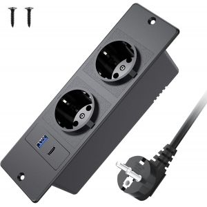 CHENG-Prise de Table avec USB C PD 20W, Prise encastr&eacute;e 2 Prises avec USB A, multiprise encastr&eacute;e pour Plateau de Table Meubles ou Plans de Travail, 2m de c&acirc;ble, 250W/16A, Noir - Neuf