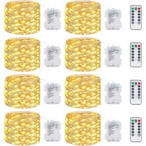 Guirlande Led &Agrave; Pile[Lot De 8] 12m 120led Guirlande Lumineuse A Pile Avec T&eacute;l&eacute;commande, &Eacute;tanche Guirlande Lumineuse Pour D&eacute;cor No&euml;l Mariage Anniversaire F&ecirc;te Chambre Jardin Blanc Chaud - Neuf