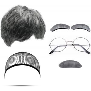 Jum-6 Pcs Perruque Grand Père Set,Perruque Grise,Perruque Homme,Fausse Moustache,Sourcils,Bonnet De Perruque,Lunettes,Costume De Vieil Homme Pour Halloween Noël Cosplay Fête - Neuf