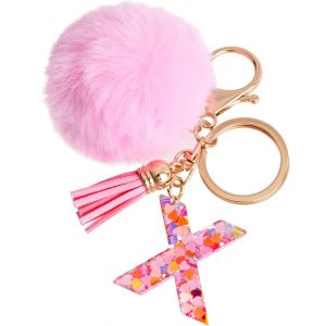 KAL-Porte-Cl&eacute;s Rose Avec Lettre Porte-Cl&eacute;s Fille Initiale Cadeau Femmes Porte-Cl&eacute;s Boule De Poils D&eacute;corer Pour Sac Sac &Agrave; Dos Porte-Clef Gland Or Porte-Clef Femme - Neuf