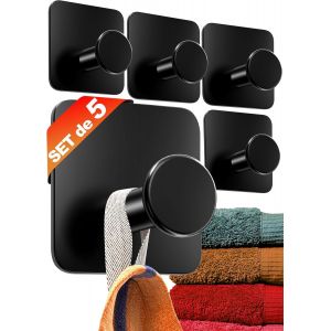 Accroche-Serviette Sans Perçage set de 5-Porte serviettes de salle de bains Modernes Noir-Crochet adhésif mural en inox - Neuf