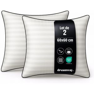 Ulteronixshop-Dreamway Oreiller 60x60 Cm Lot De 2 Oreillers Confort Moelleux, Qualit&eacute; H&ocirc;teli&egrave;re, Respirant Et Hypoallerg&eacute;nique, Id&eacute;al Pour Dormeurs Sur Le C&ocirc;t&eacute;, Le Dos Et Le Ventre - Neuf