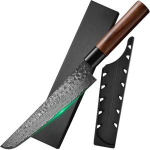 Checarzhn--No1-Couteau Japonais En Acier Damassé Avec Étui, Lame Forgée Martelée Manche En Bois Gyutou Filetier Couteau De Cuisine Avec Boîte Pour Cuisiner, Camping Bbq (Couteau À Filets 20,6cm) - Neuf