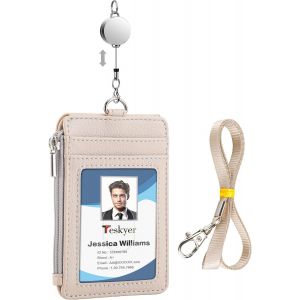 Kalanka-Porte Badge Tour De Cou - Avec Cordon Rétractable, Cuir Pu, 4 Emplacements Pour Cartes, Porte Carte Avec Poche À Glissière, Design Vertical, Beige - Neuf