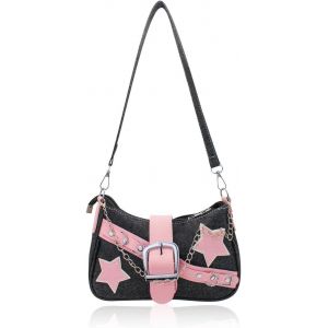 RFCBC-Sac à bandoulière pour femme - En denim - Avec chaîne de main et bandoulière amovible - Sac en demi-lune - Y2K - Tendance - Avec fermeture éclair - Neuf