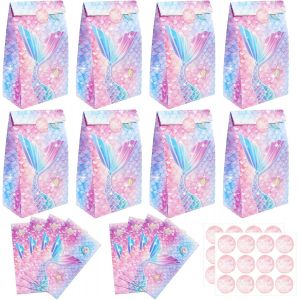 Sac Cadeau Anniversaire, 24 Sac en Papier Cadeau Motif Sirène + 24 Merci Autocollants - Sachet Bonbons Anniversaire Sacs de Cadeaux de fête de Sirène Sac Anniversaire Enfant (Queue de Sirène) - Neuf