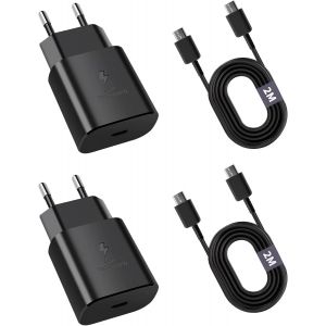 LORANKA-2 Pack Chargeur USB C 25 W avec C&acirc;ble 2 m Charge Rapide PD 3.0 Adaptateur Secteur Prise USB Type C pour Samsung Galaxy S25 S24 S23 S22 S21 Ultra S20 Note 20 Z Fold 5 pour iPhone 16 15 pour iP - Neuf