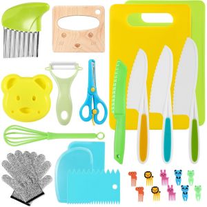 KAL-Lot De 27 Couteaux De Cuisine Pour Enfants, Kit Couteaux De Sécurité Pour Couper Fruits Ou Légumes, Couteau Montessori Enfants Avec Couteau En Bois, Planche À Découpe, Pour Cadeau De Noël Ou D'An - Neuf