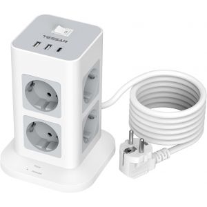Power Strip Tower Surge Arrester And Surge Protector With 8 Ac Outputs And 3 Usb Ports, 3600 W Power Adapter With Switch And Extension 2 M, Mult Socket Suitable For Office And Home, Grey - Neuf