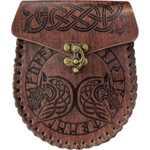 SJZG-Pochette De Ceinture M&eacute;di&eacute;vale En Cuir, Sac De Ceinture Marron Nordique En Relief, Sac De Taille Dragon Fenrir Wolf, Sac Banane Viking Renaissance, Accessoires De Costume De Cosplay - Neuf