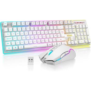 ChenQuanSarl-K10 Ensemble Clavier Et Souris De Jeu Sans Fil, Rétroéclairé Par Led, Batterie Rechargeable 3800 Mah, Disposition Britannique Clavier Mécanique + Souris 7D 3200 Dpi Pour Joueur Pc (Blanc - Neuf